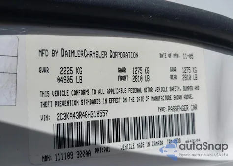 2006 Chrysler 300 from USA, damaged, VIN 2C3KA43R46H318557